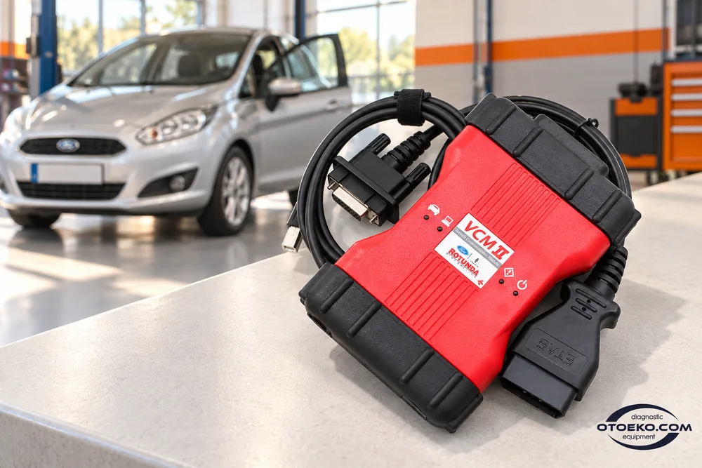 عرض Ford VCM II وكابلاته للتحضير للتشخيص بجوار السيارة.